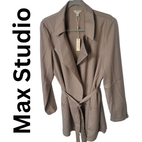 Max Studio Women's Jacket sz XL Tan Lapel Trench Coat W/ Belt & Pockets Overcoat - Picture 1 of 13